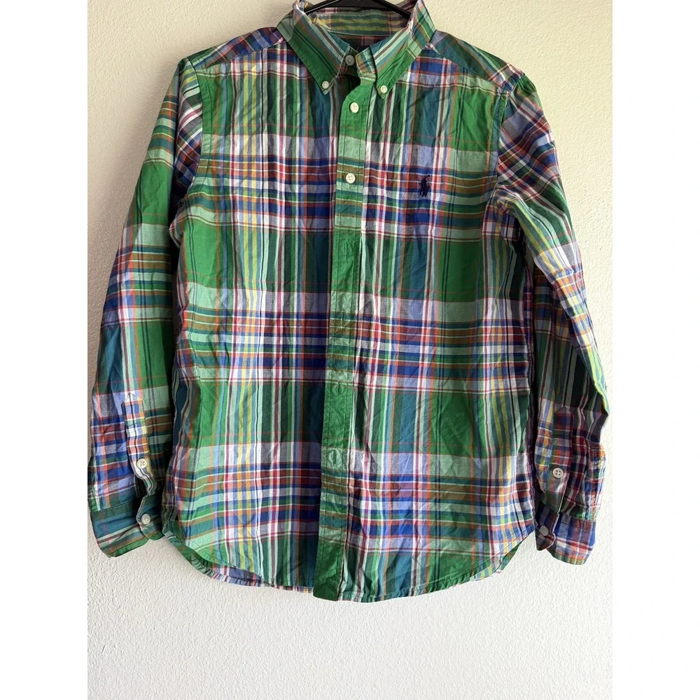 Ralph Lauren Boys Large 14/16 Green Madras Plaid Button Down Shirt Sleeve Preppy